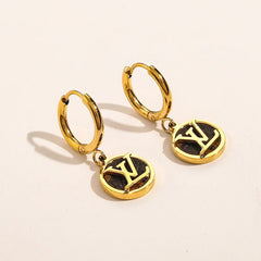Pendientes de aro con dije de disco con monograma en acero inoxidable 304 negro