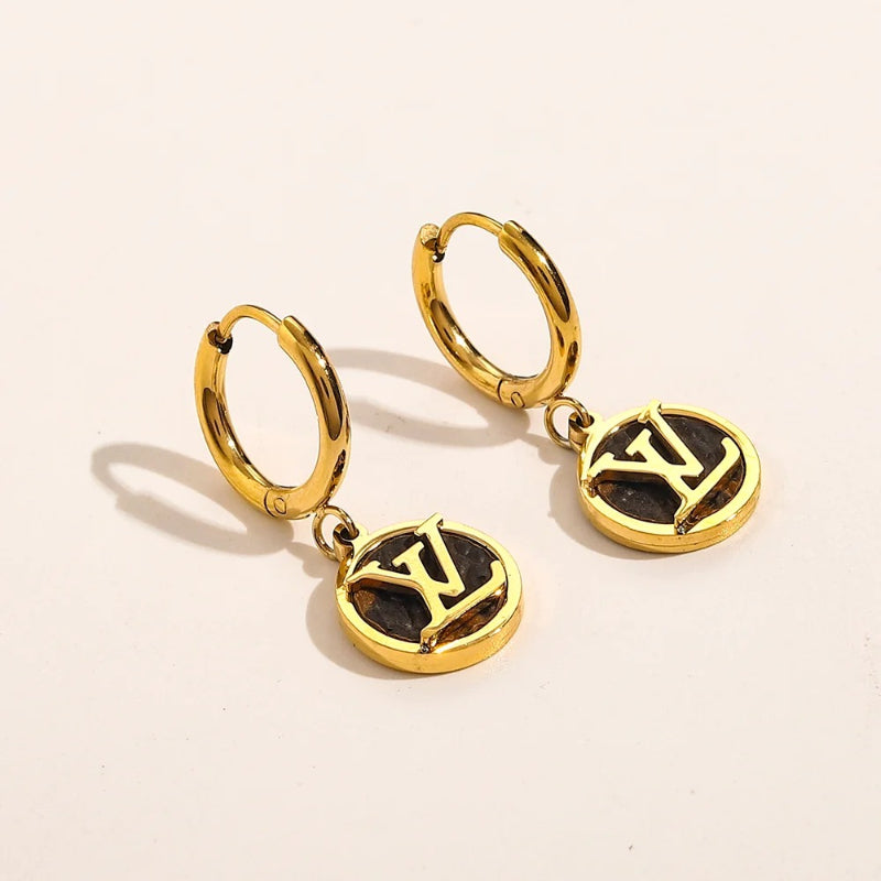 304 Stainless Steel Black Disc Monogram Charm Hoop Earrings