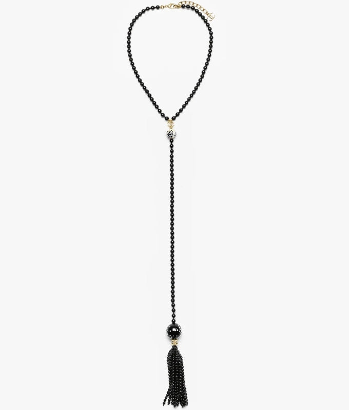 Gold Tone Long Tassel Necklace, Black Faux Pearl & Glass Beads