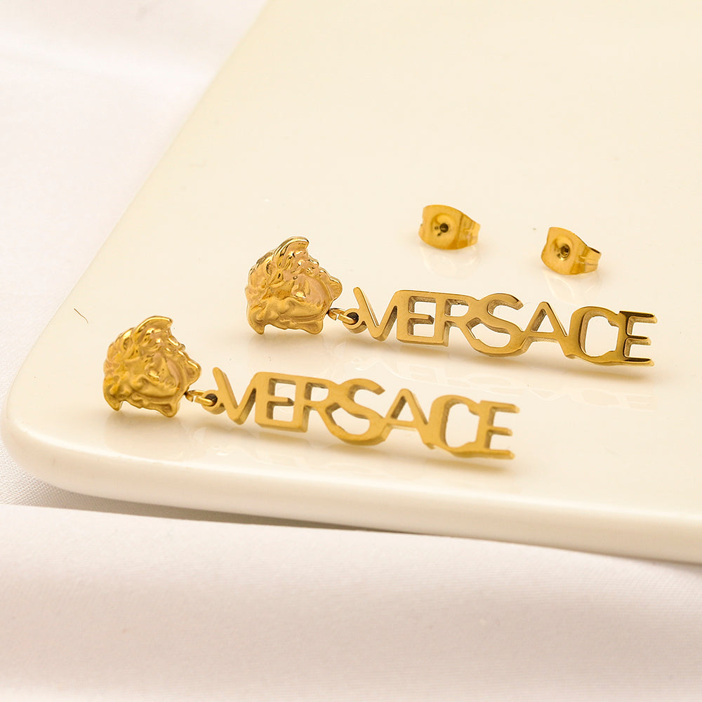 304 Stainless Steel Medusa & Vertical Letter Drop Earrings