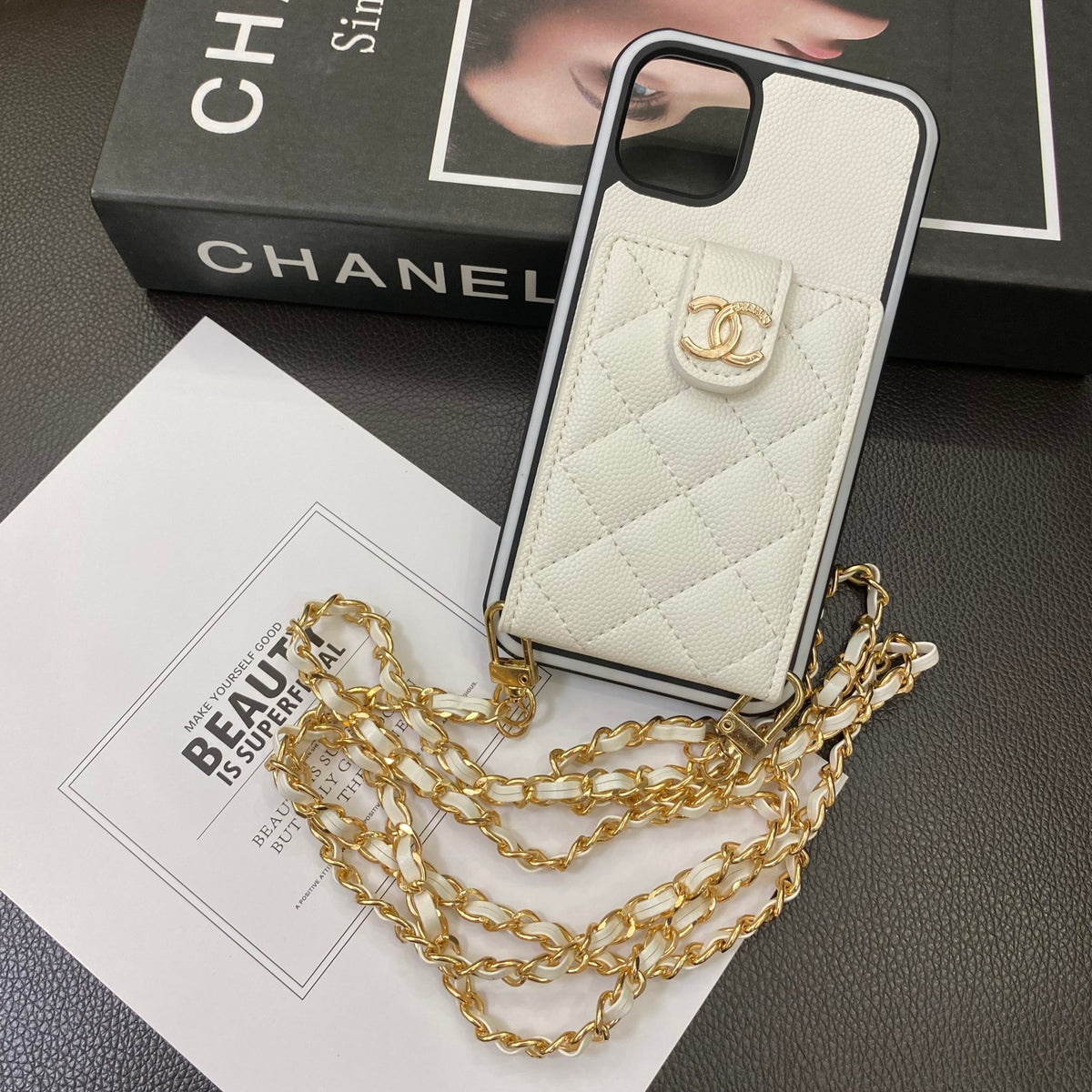 Diamond Quilted Card Pocket Phone Case with Chain