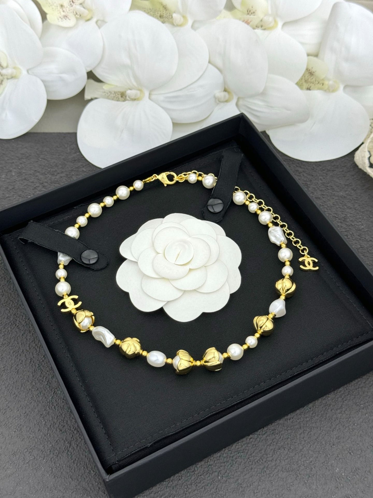 Gold Tone Floral & Baroque Pearl Necklace
