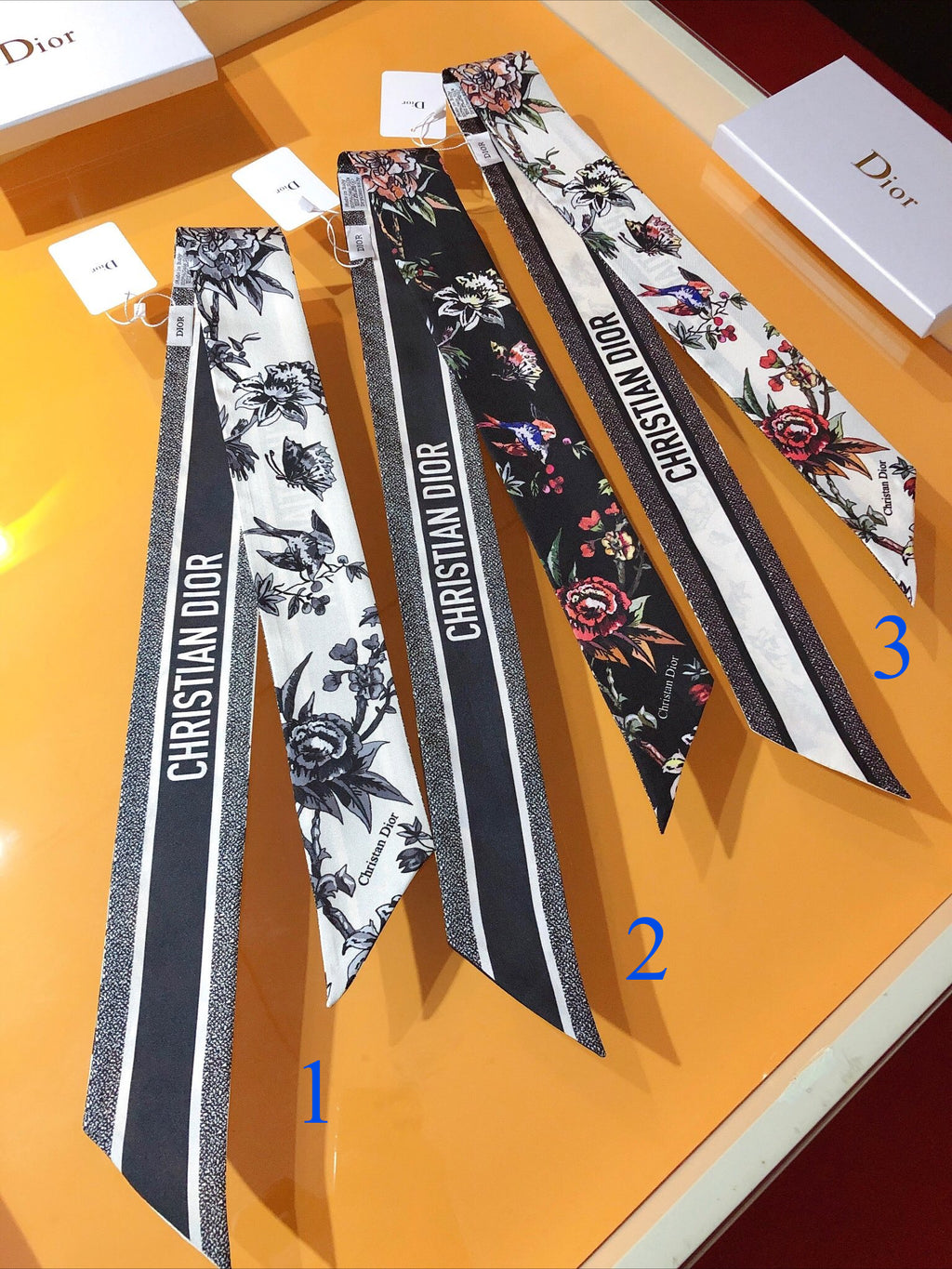 Botanical Print & Stripe Ribbon Scarf - 5 x 120 cm
