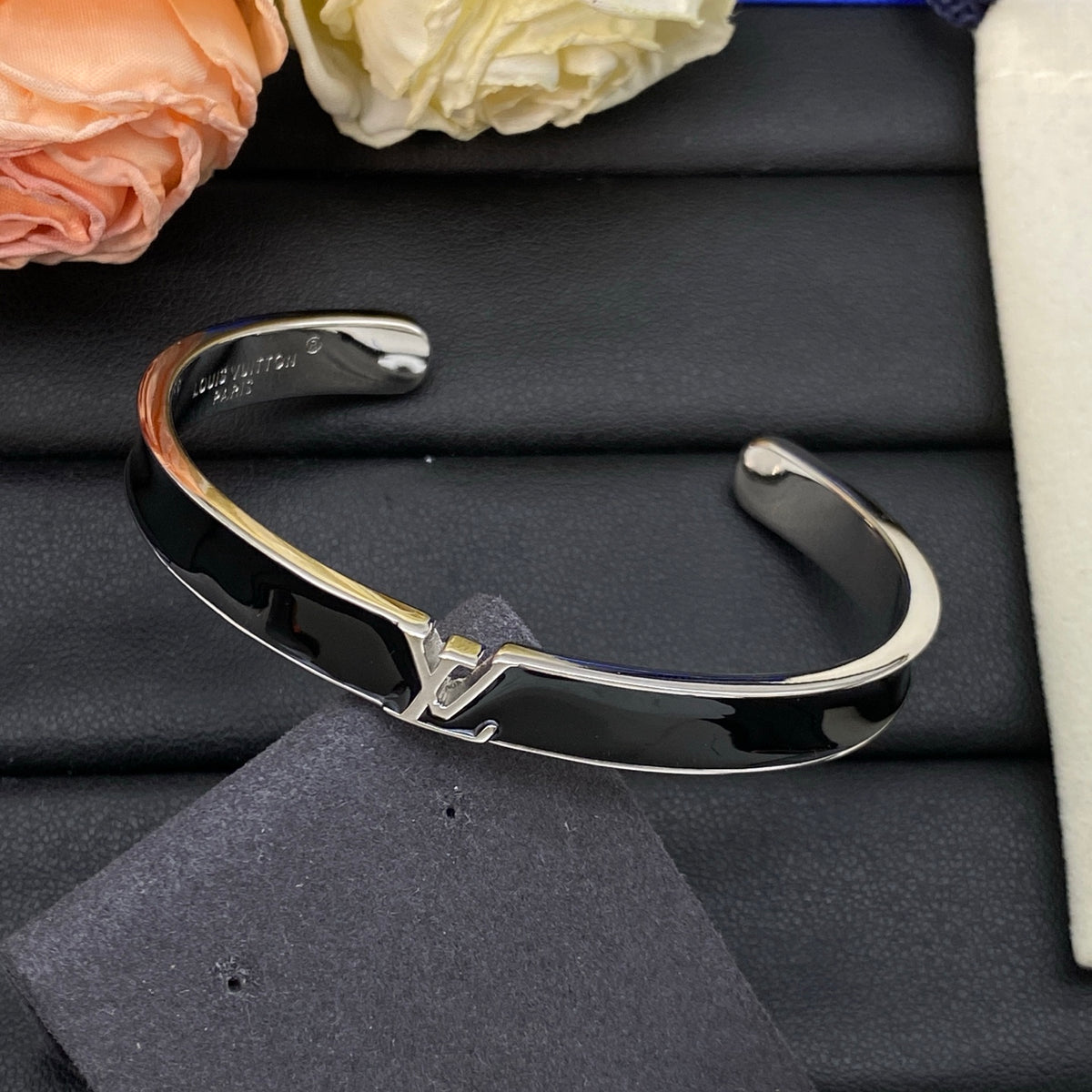 Black Inlay Monogram Cuff Bracelet