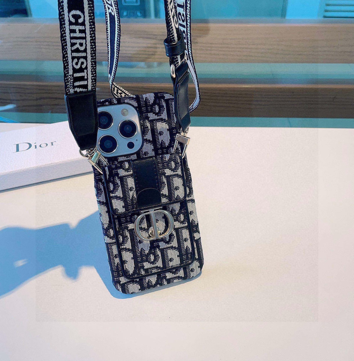 Monogram Card Pocket Phone Case with Printed Strap