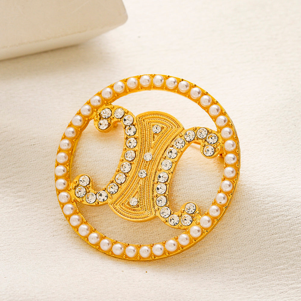 Alloy Steel Circular Emblem Brooch with Stone Accents