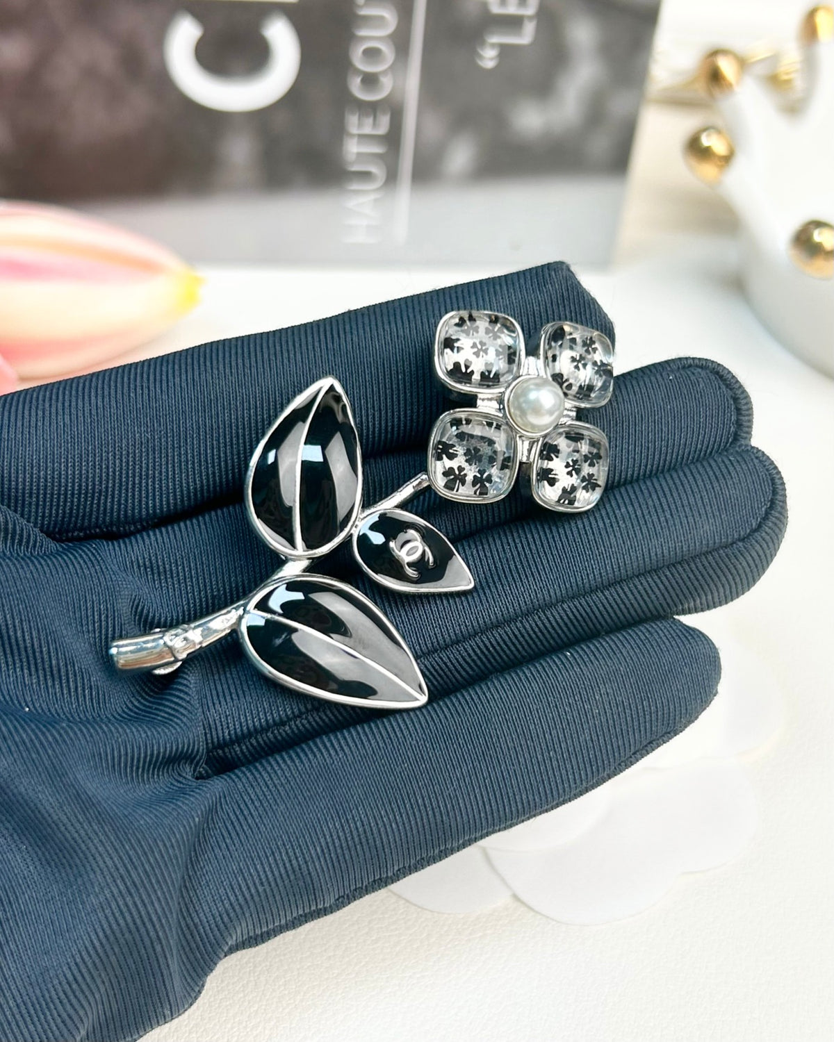 Black Leaf & Stone Flower Brooch