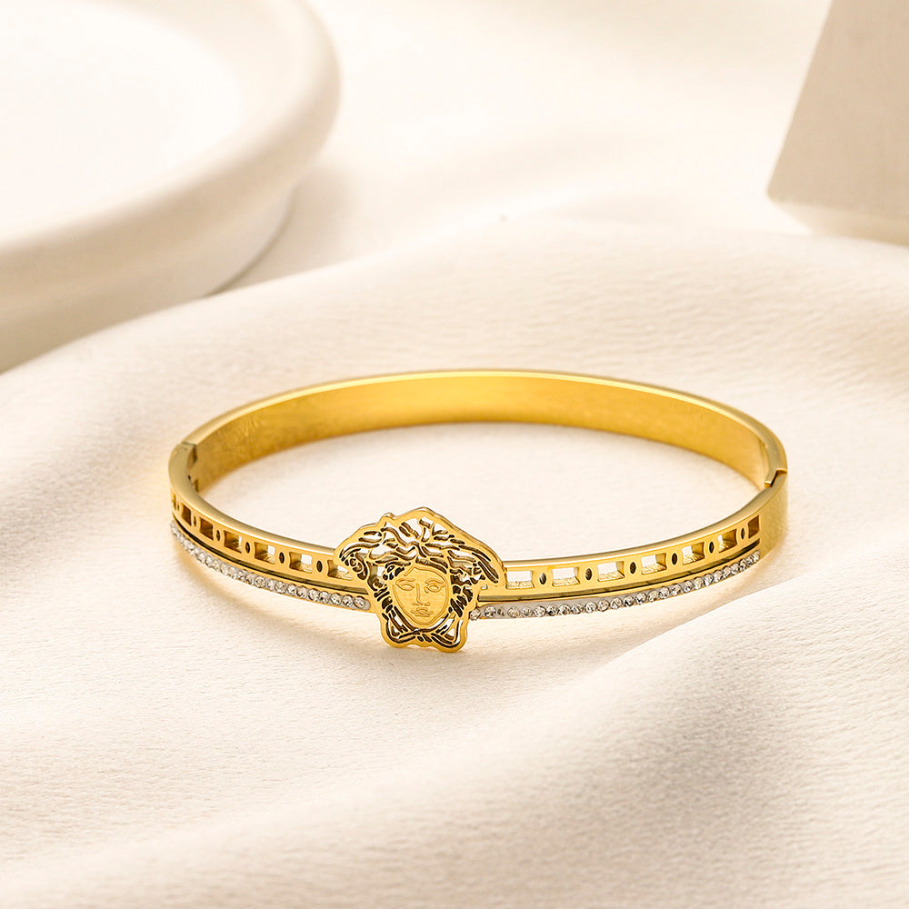 304 Stainless Steel Pave Medallion Bangle Bracelet