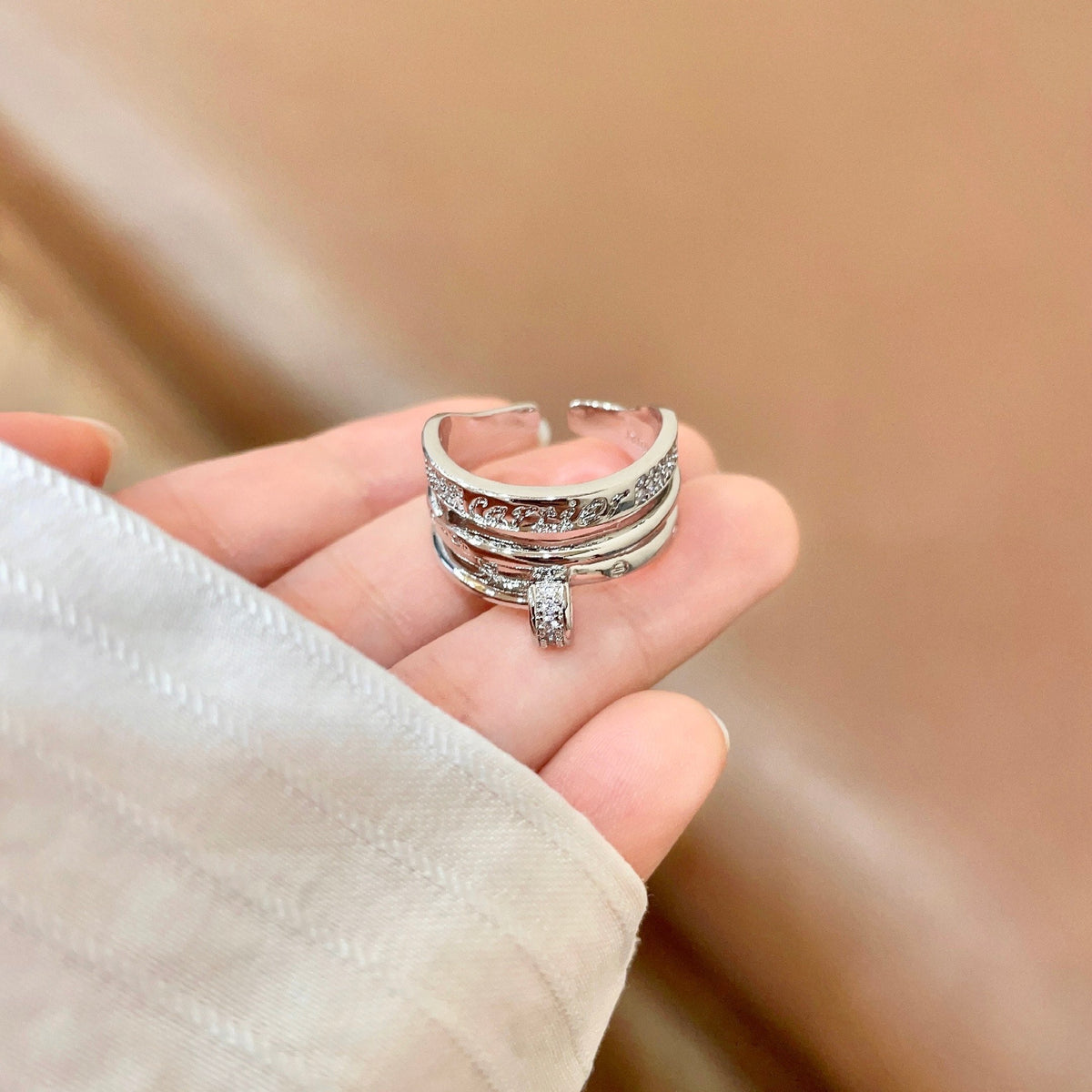 Triple-Band Ring with Pave Row and Bar Accent