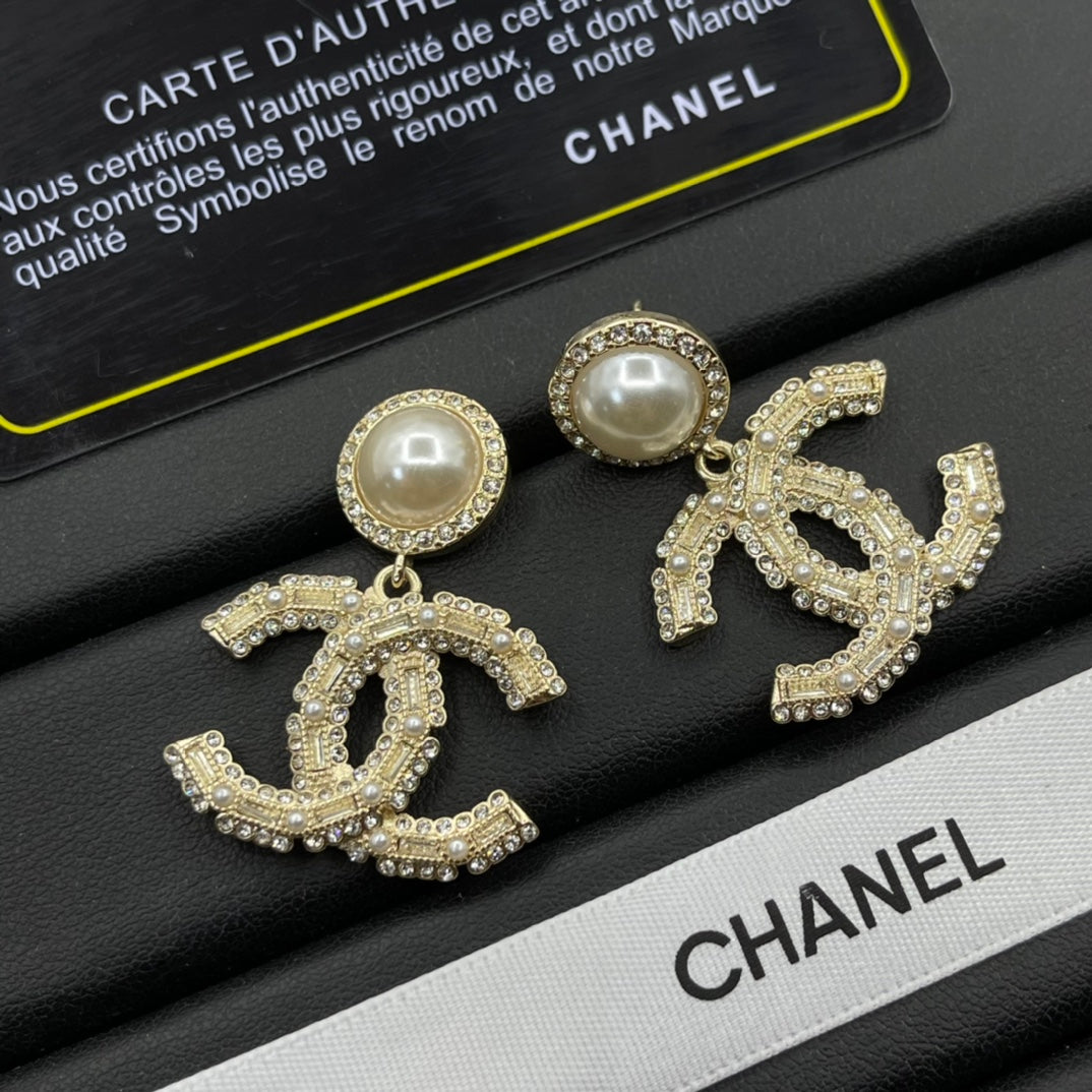 Pearl-Effect & Pave Interlocking-C Drop Earrings