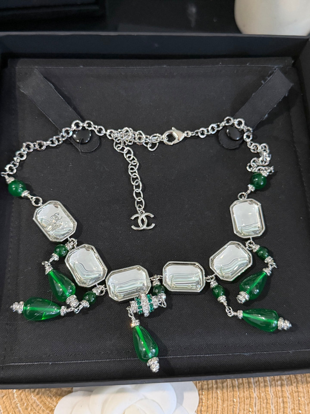 Vintage Geometric Pendant Necklace with Square, Emerald Teardrop & Clear Sugar-Cube Charms