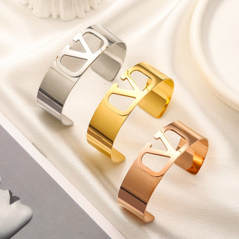 304 Stainless Steel V-Motif Wide Cuff Bracelet