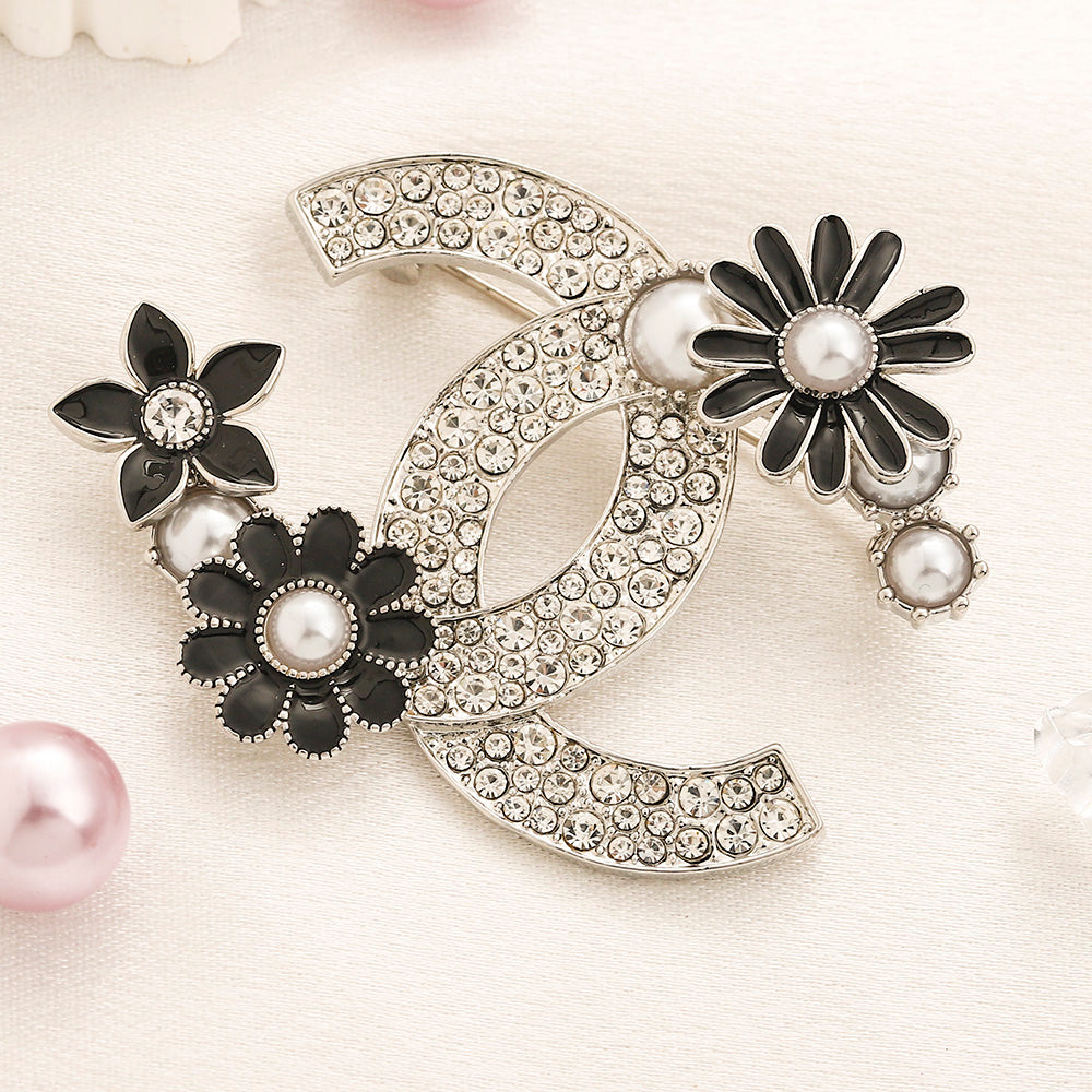 Alloy Pave Emblem Brooch with Flower Accents