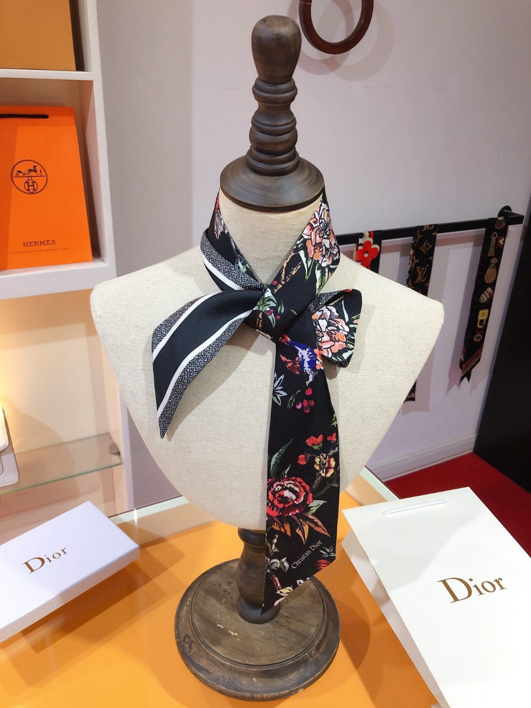 Botanical Print & Stripe Ribbon Scarf - 5 x 120 cm