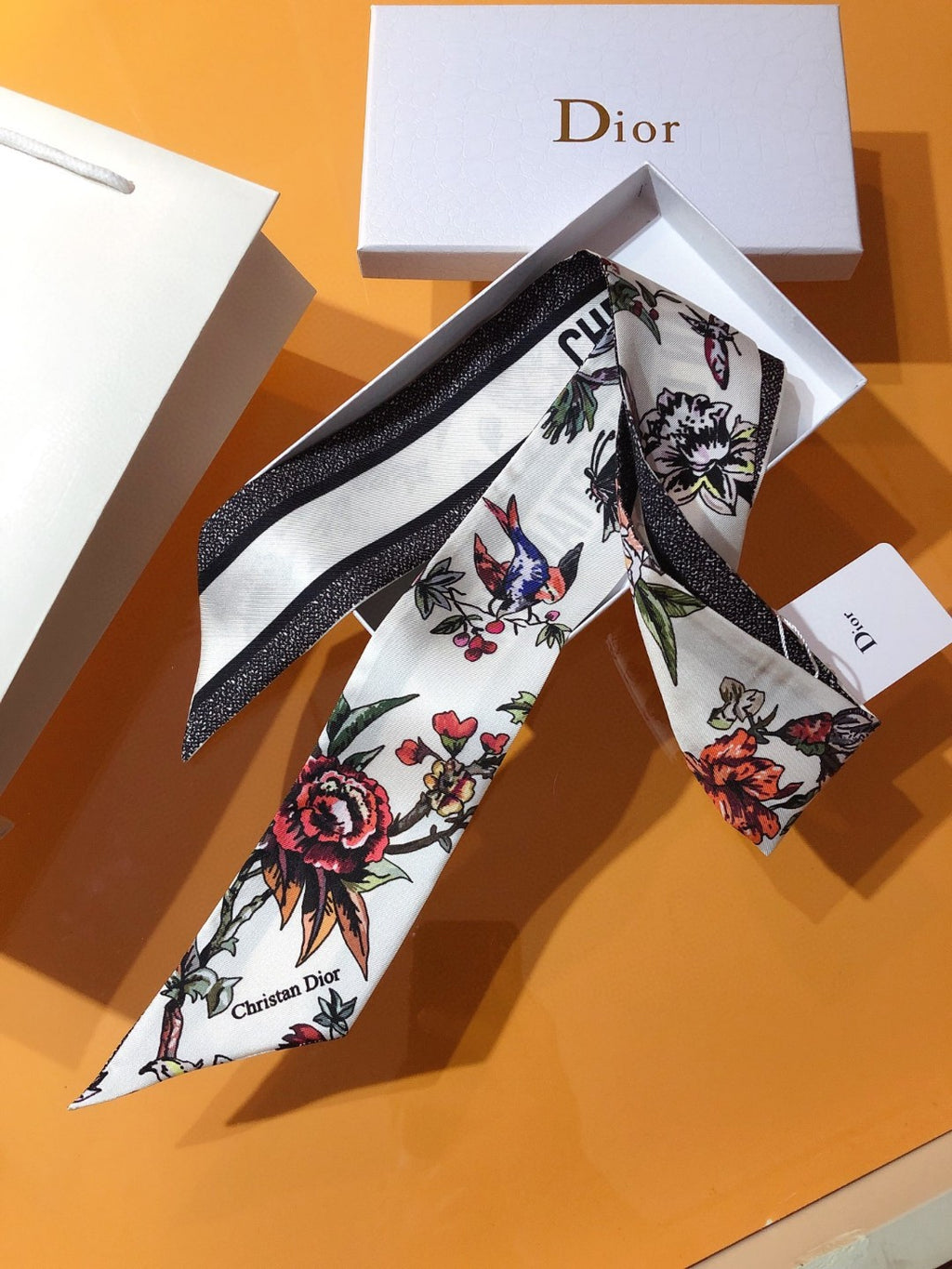 Botanical Print & Stripe Ribbon Scarf - 5 x 120 cm