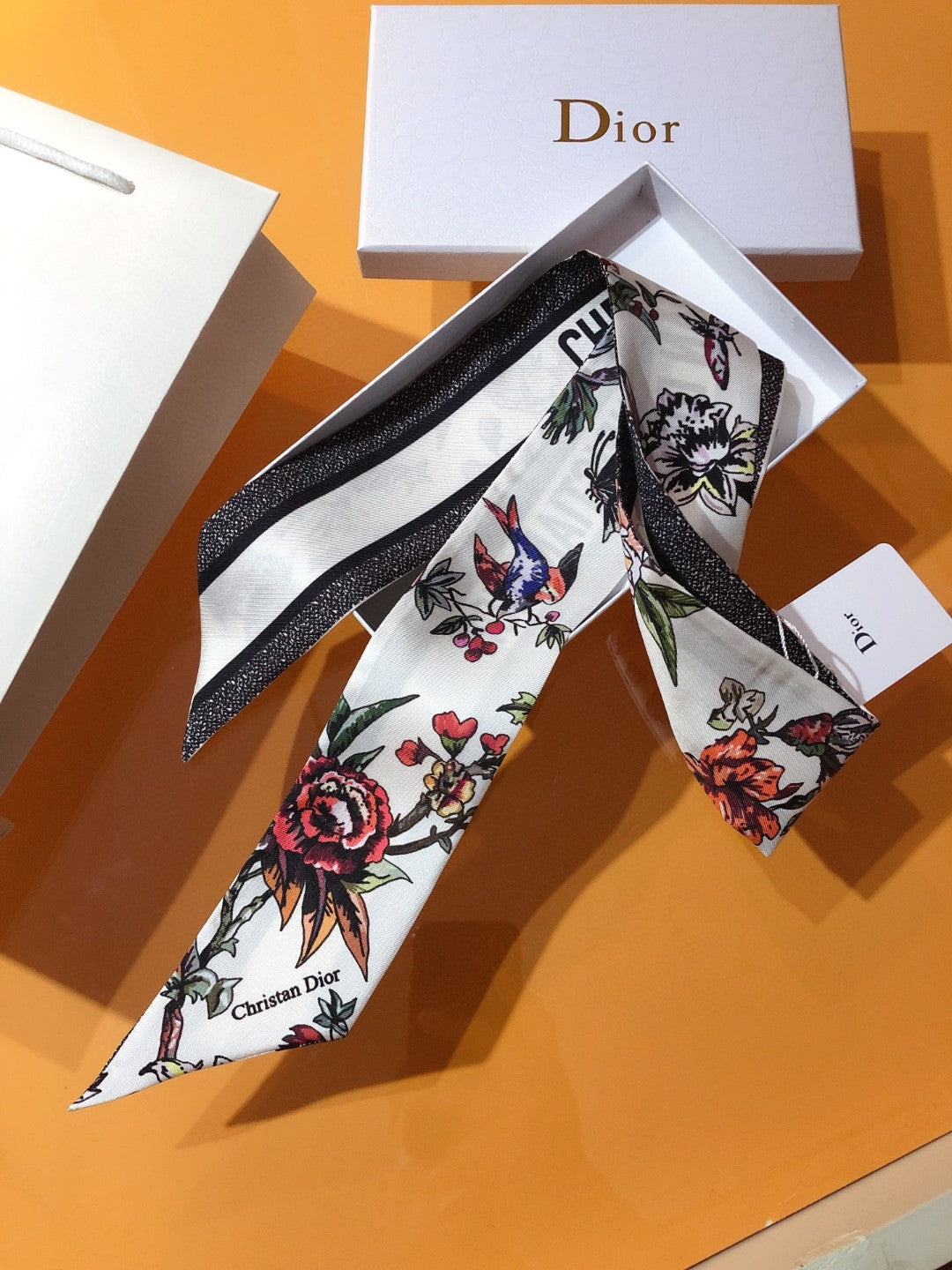 Botanical Print & Stripe Ribbon Scarf - 5 x 120 cm