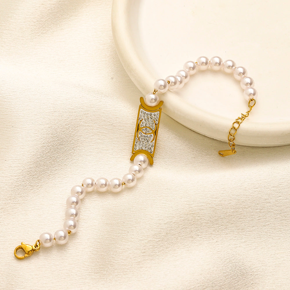 304 Stainless Steel Pearl-Look Bead Bracelet with Pave Bar