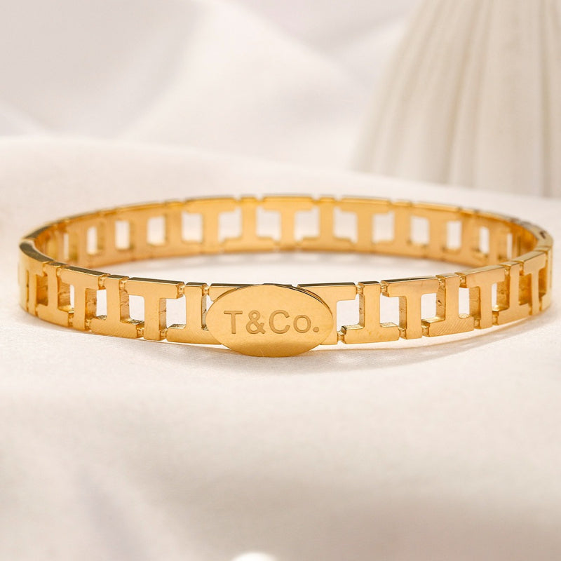 304 Stainless Steel Openwork Rectangle-Link Bangle Bracelet