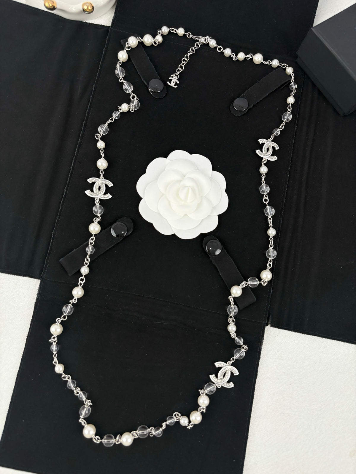 Silver Tone Faux Pearl Sweater Necklace, White Enamel, Sequins & Clear Beads
