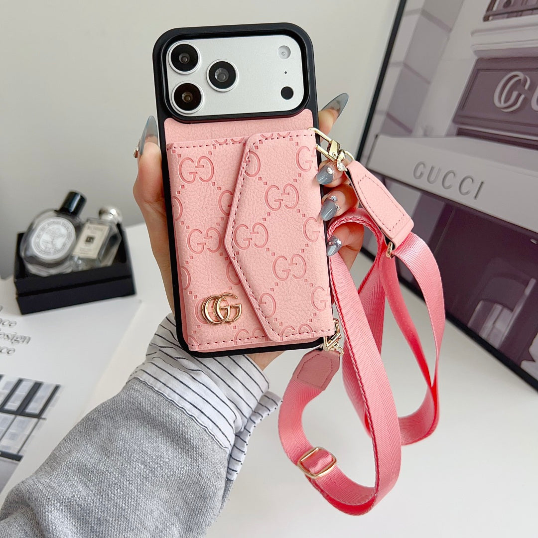 Quilted Emblem Phone Case with Card Pocket and Strap