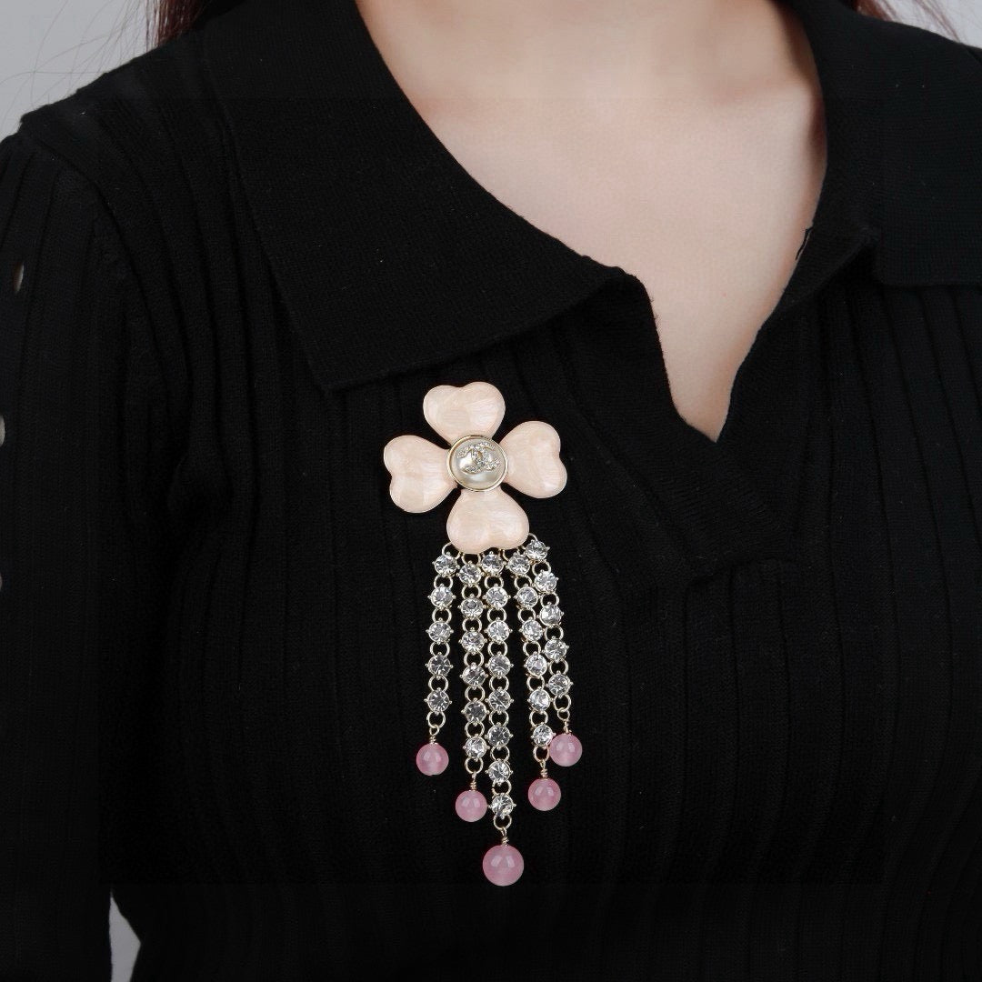 Flower Brooch with Stone Chain & Bead Drops