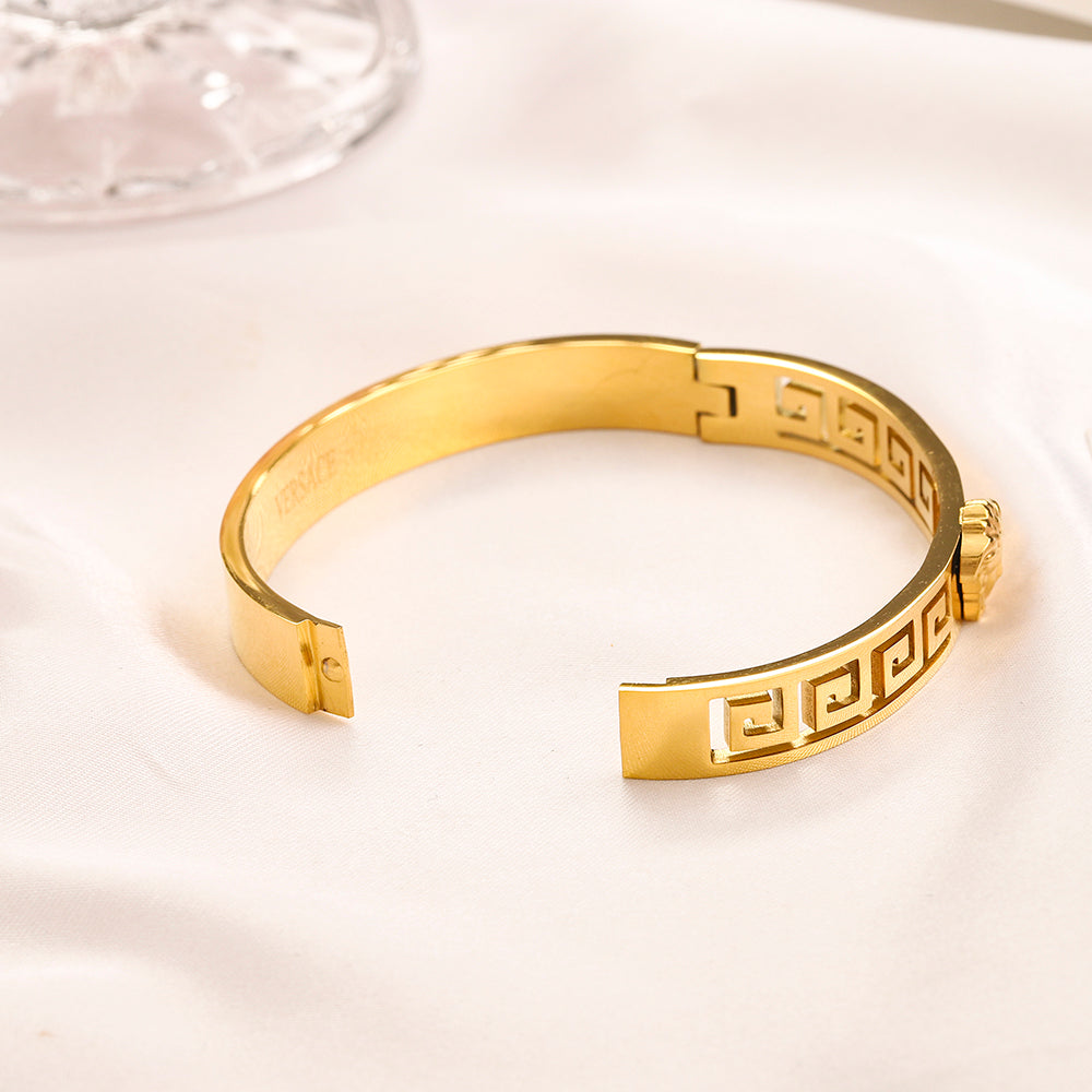 Pulsera rígida articulada de acero inoxidable 304 con diseño de greca griega