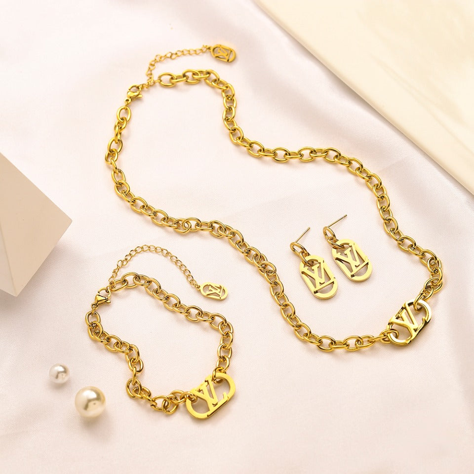 304 Stainless Steel Monogram Chain Earrings, Bracelet & Necklace Collection