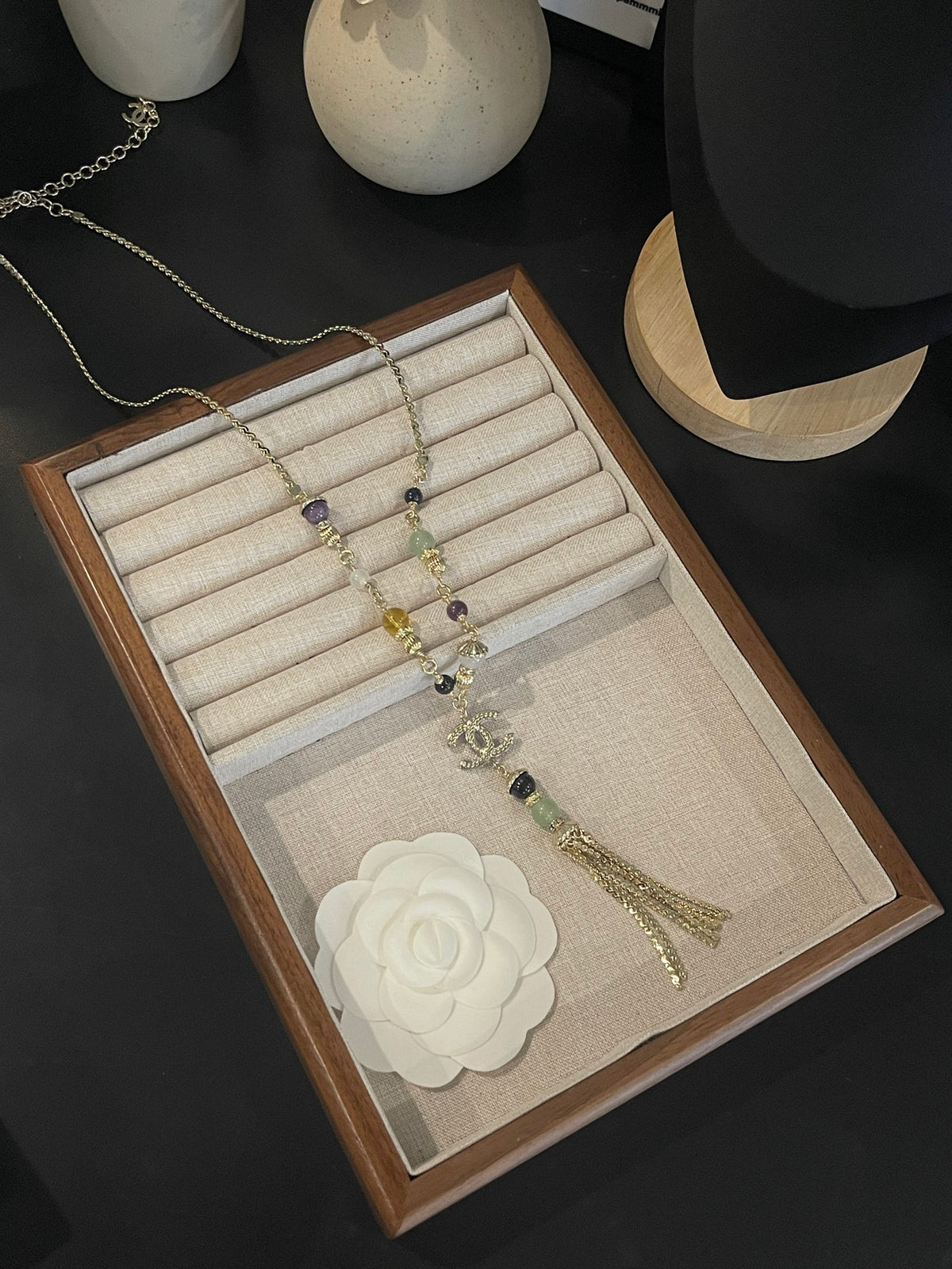 Gold Tone Long Tassel Handmade Beaded Pendant Necklace