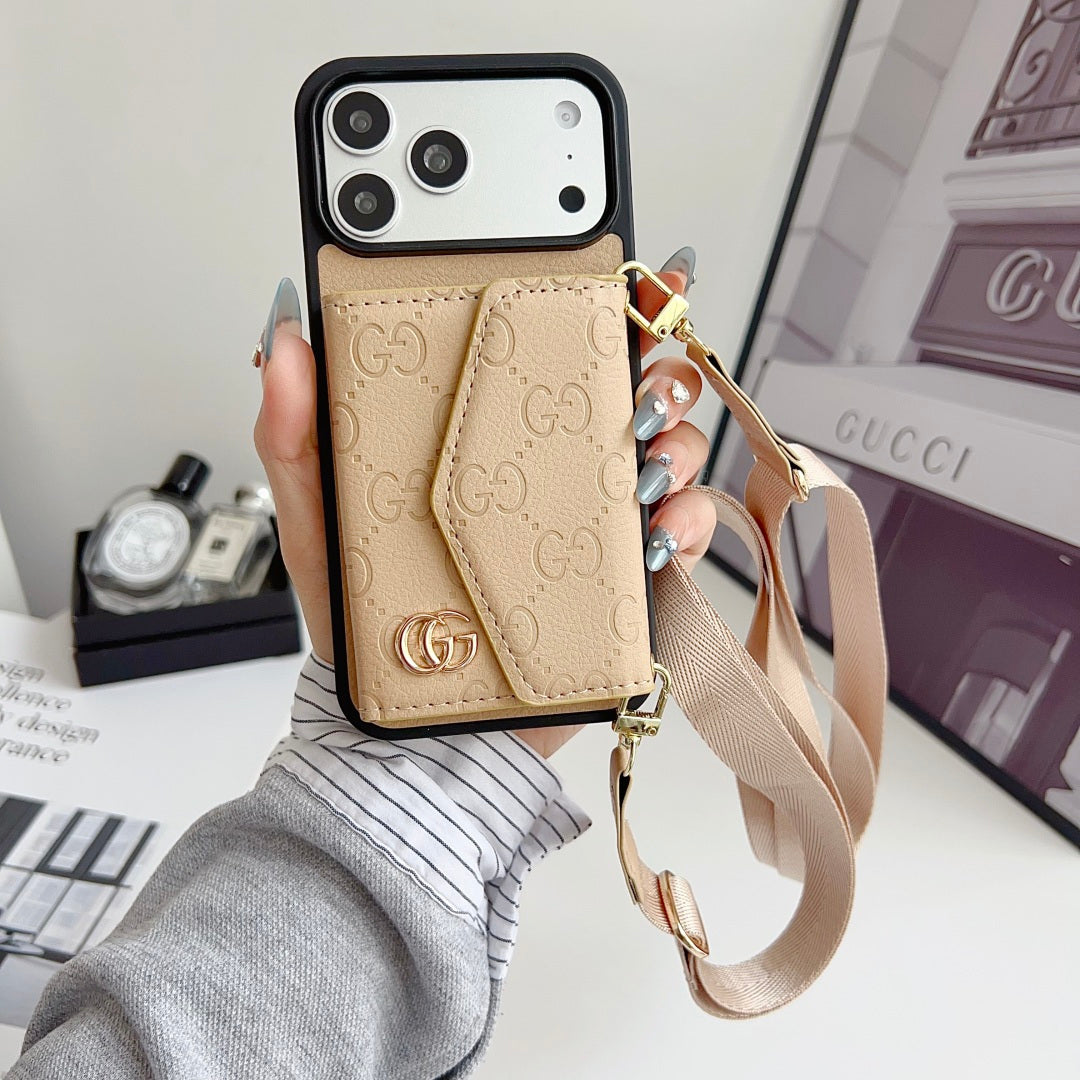 Quilted Emblem Phone Case with Card Pocket and Strap