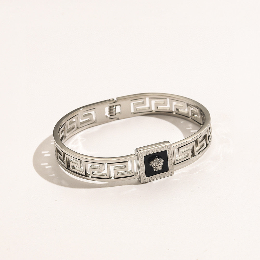 304 Stainless Steel Greek-Key Square Medallion Bangle Bracelet