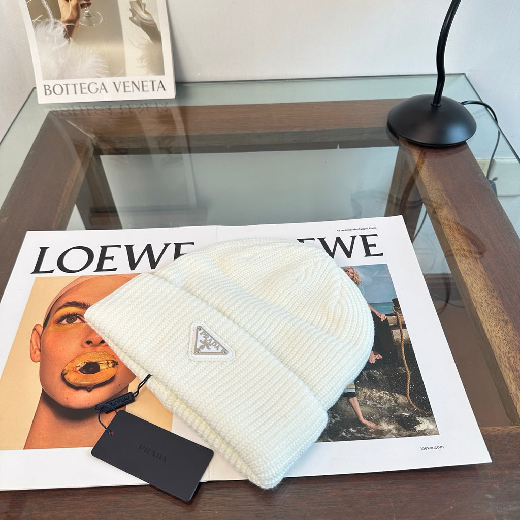 Ribbed Knit Beanie with Triangle Emblem