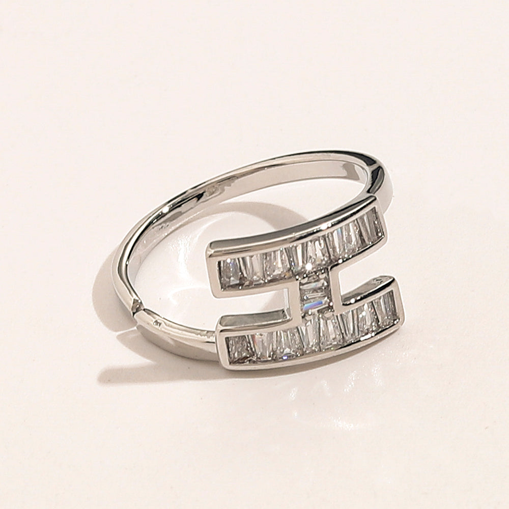 Open H-Motif Ring with Rectangular Stone Accents