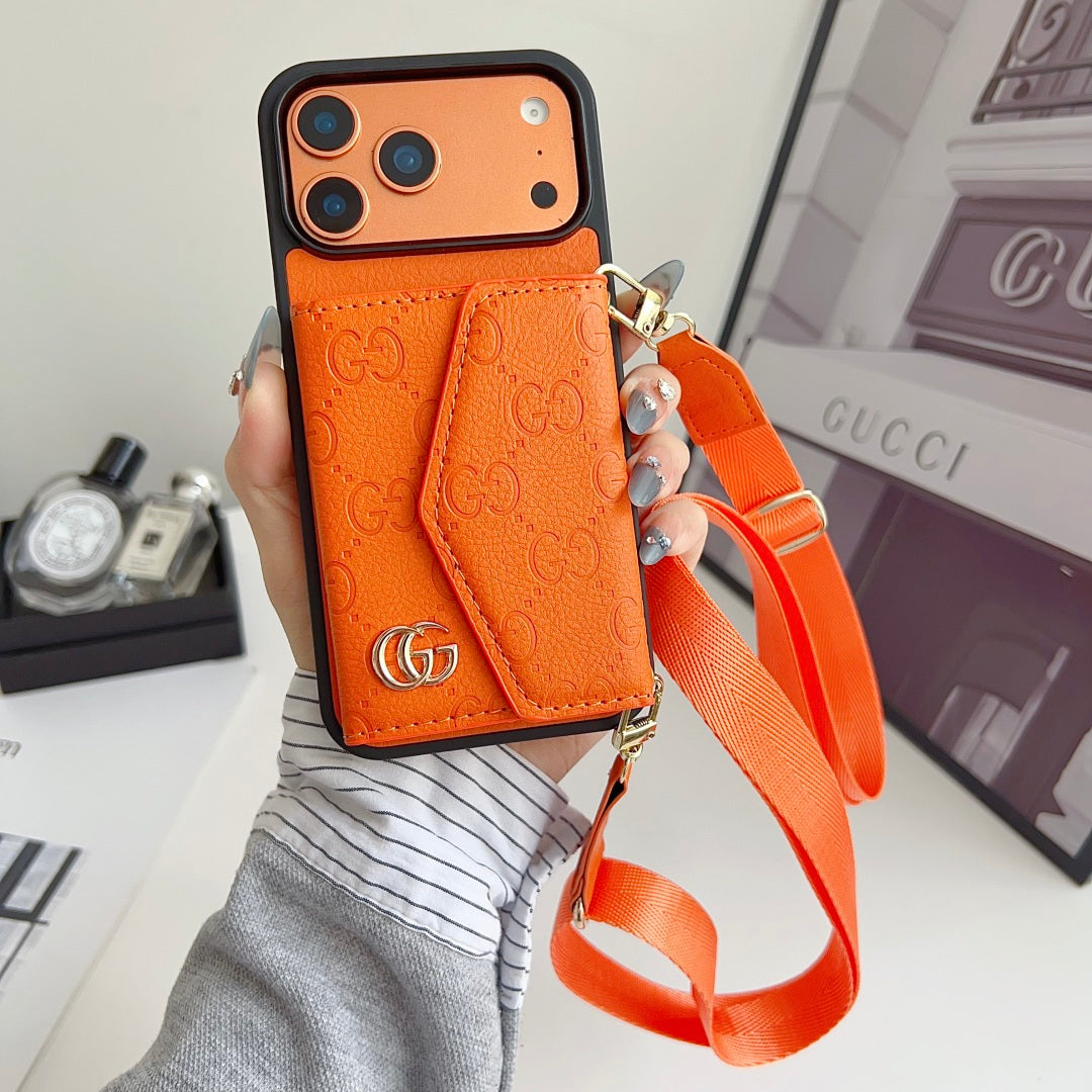 Quilted Emblem Phone Case with Card Pocket and Strap