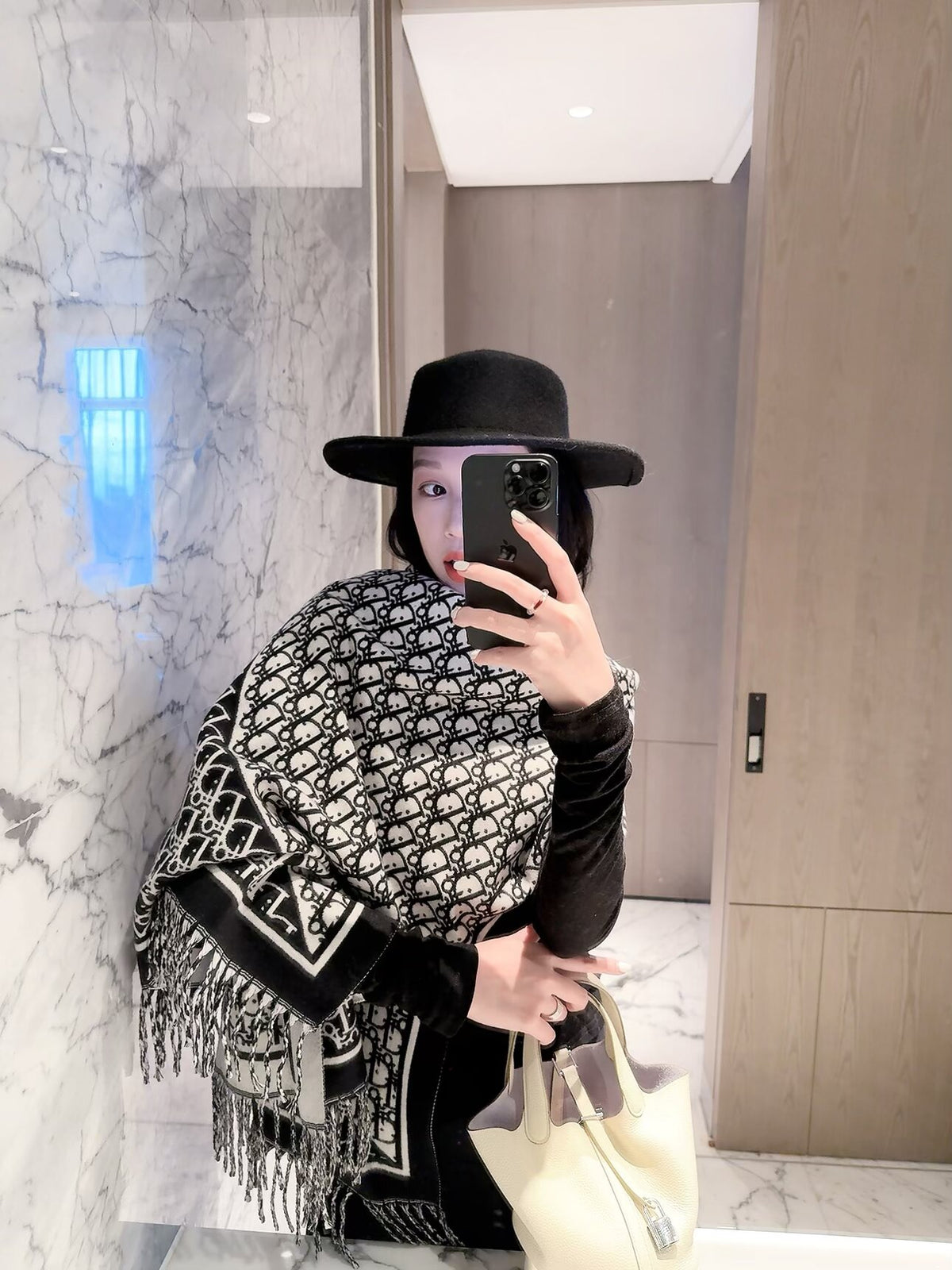 Allover Monogram Border Scarf with Fringe