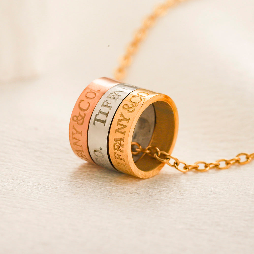 304 Stainless Steel Pave Double-Band Ring Pendant Necklace