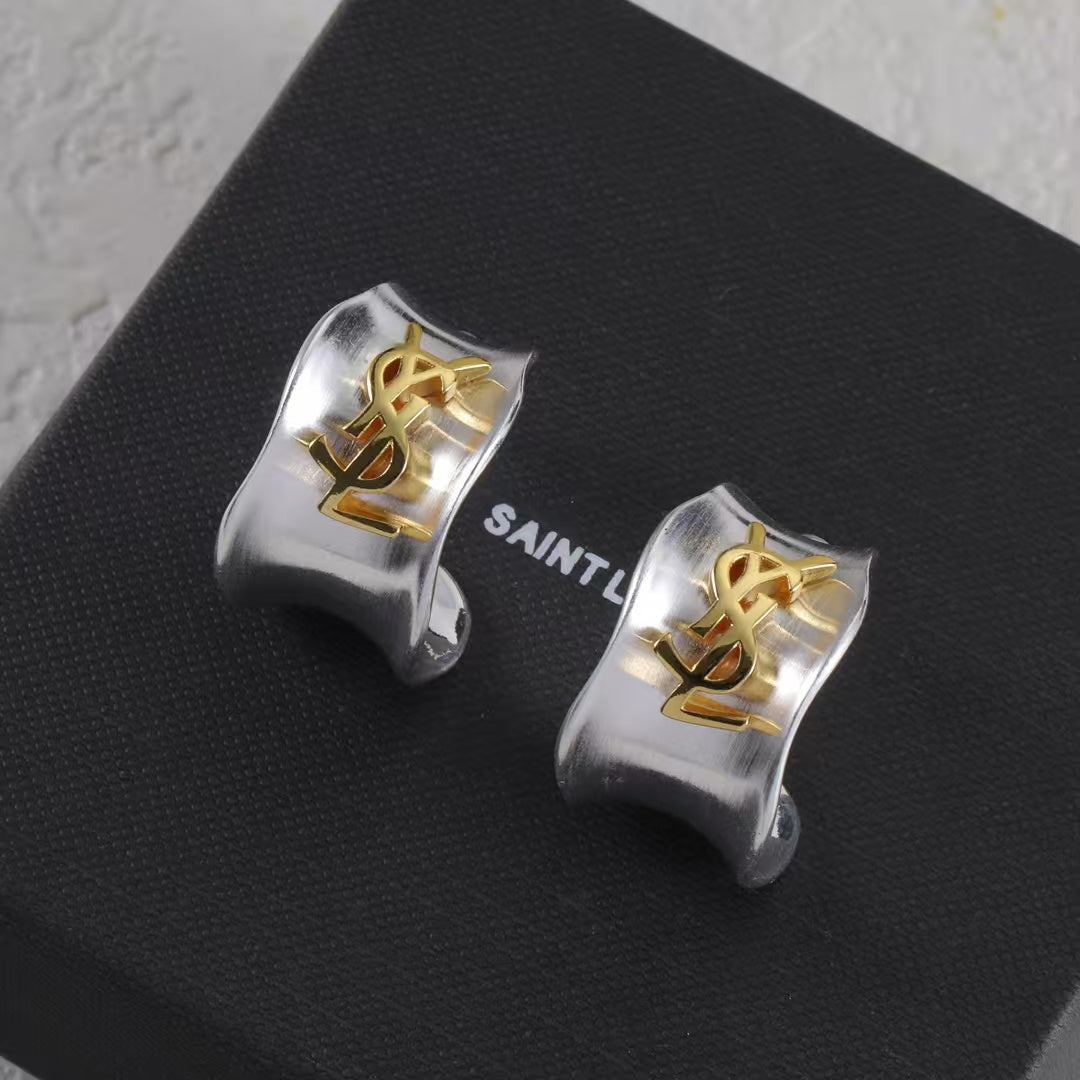 Two-Tone Square Emblem Stud Earrings