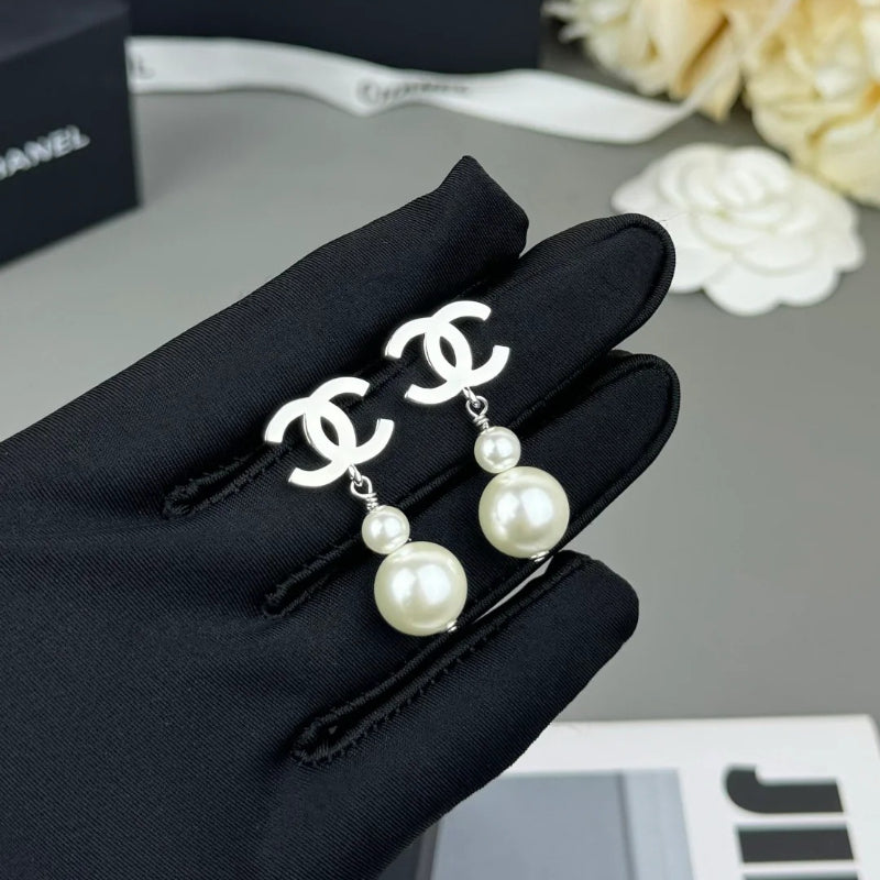 Double Pearl-Effect Interlocking-C Drop Earrings