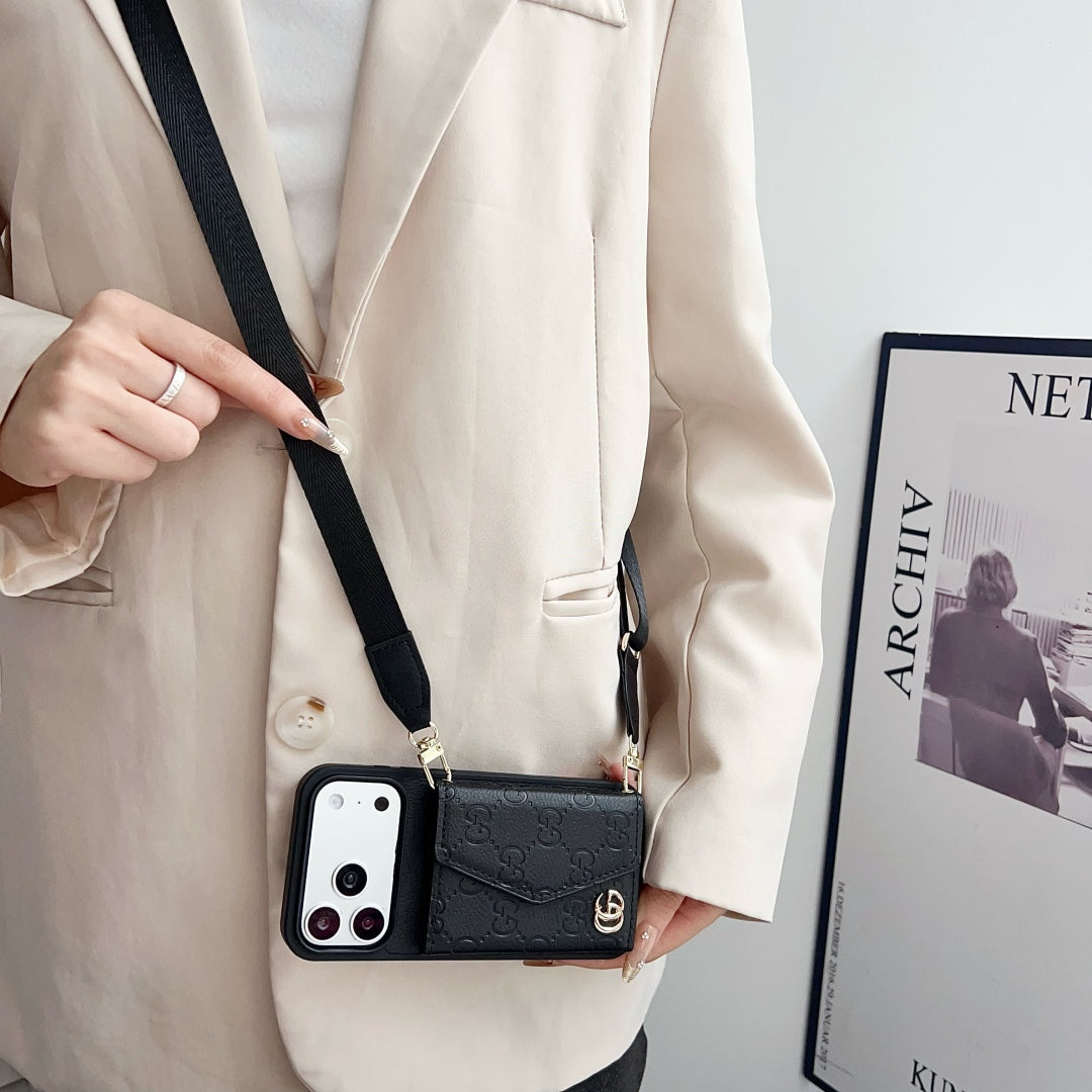 Quilted Emblem Phone Case with Card Pocket and Strap