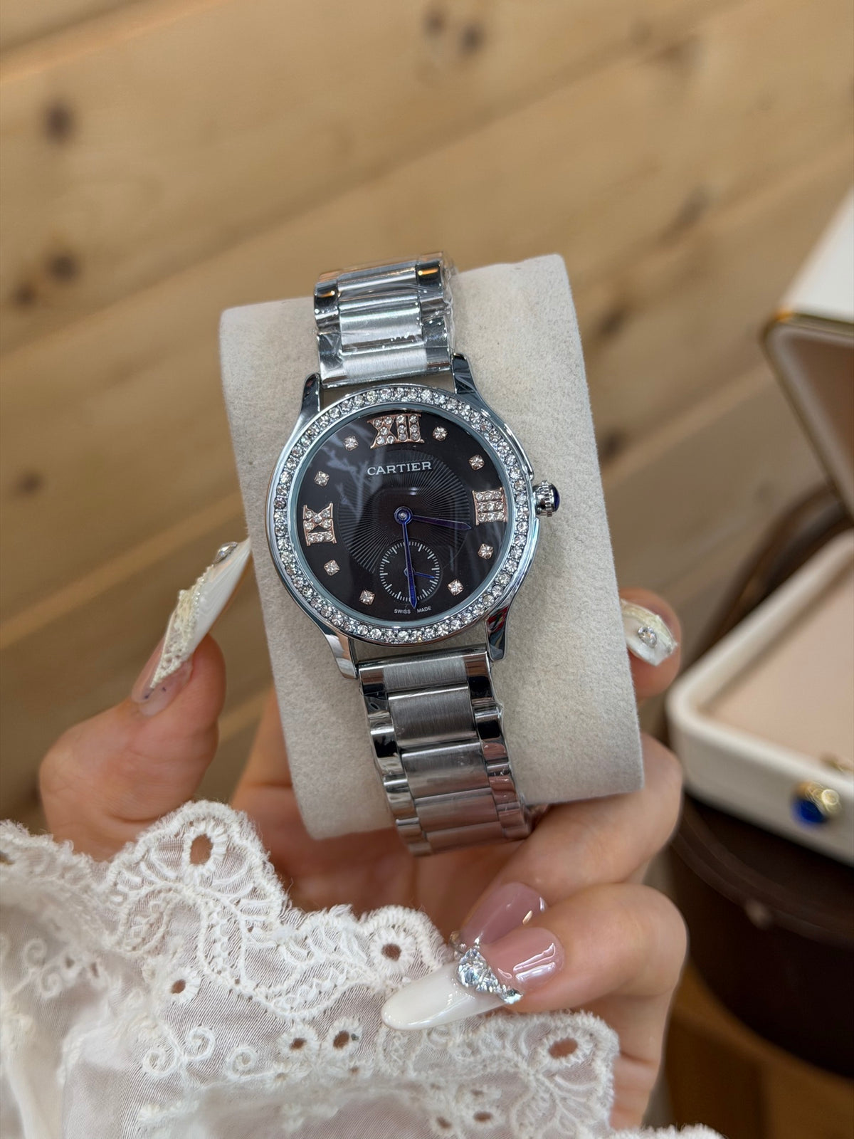 33mm Round Quartz Watch with Stone-Set Bezel and Link Bracelet