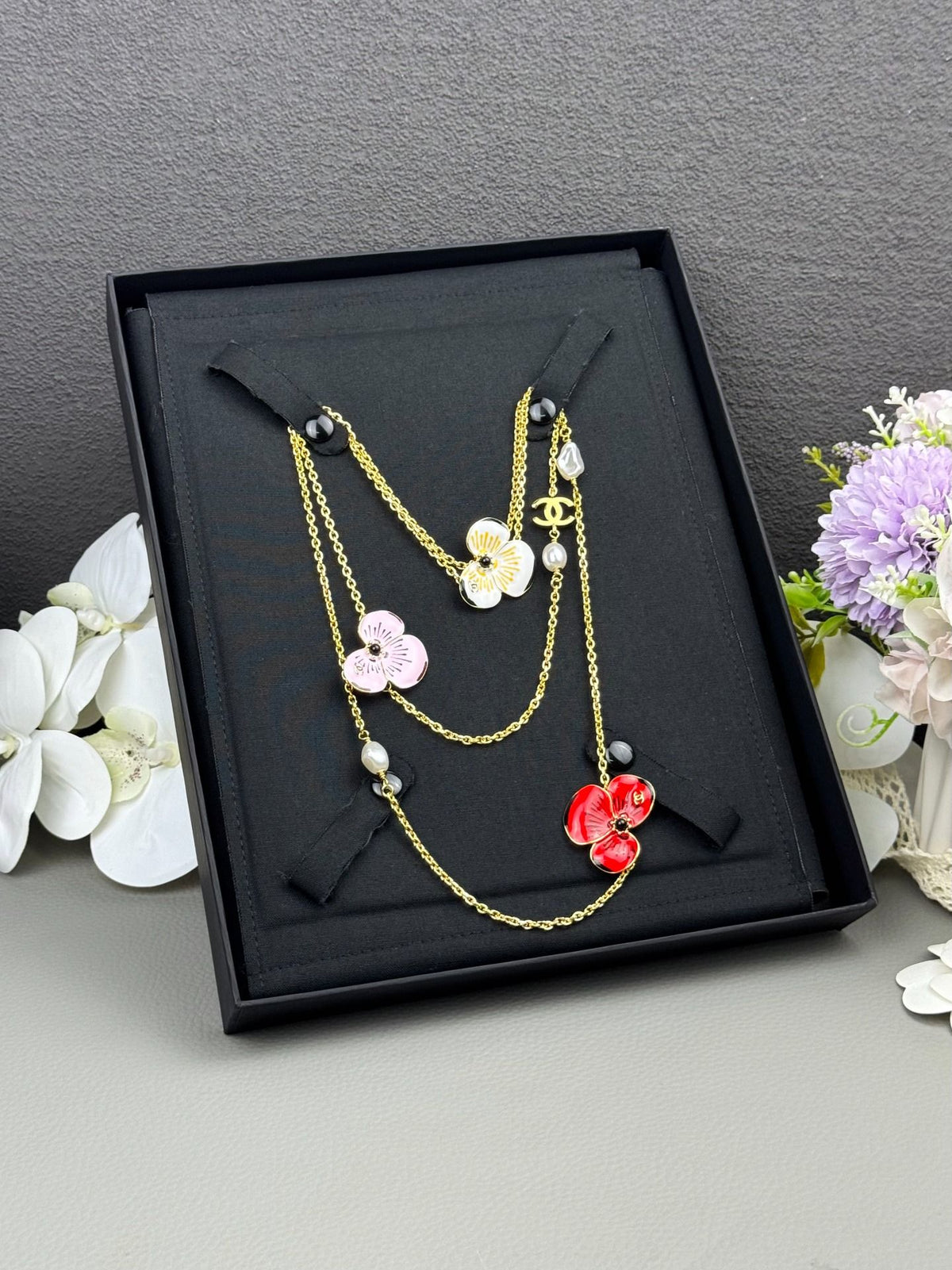 Layered Floral Necklace with Pearl-Look Tassels