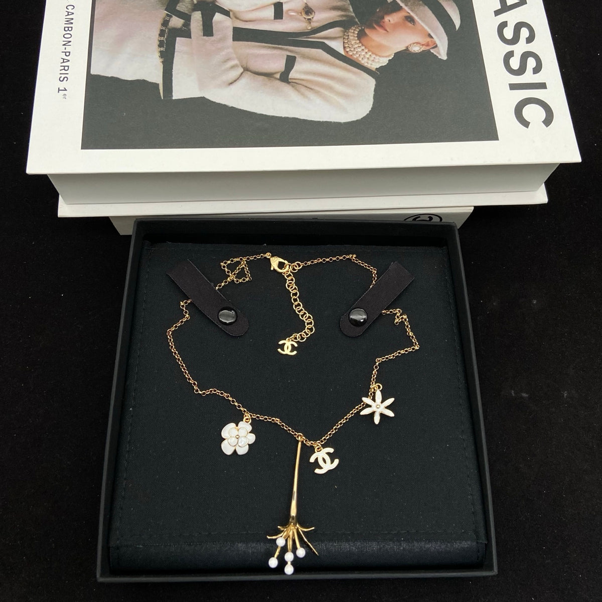Gold Tone Enamel Floral Charm Choker Necklace with Pearl Accents