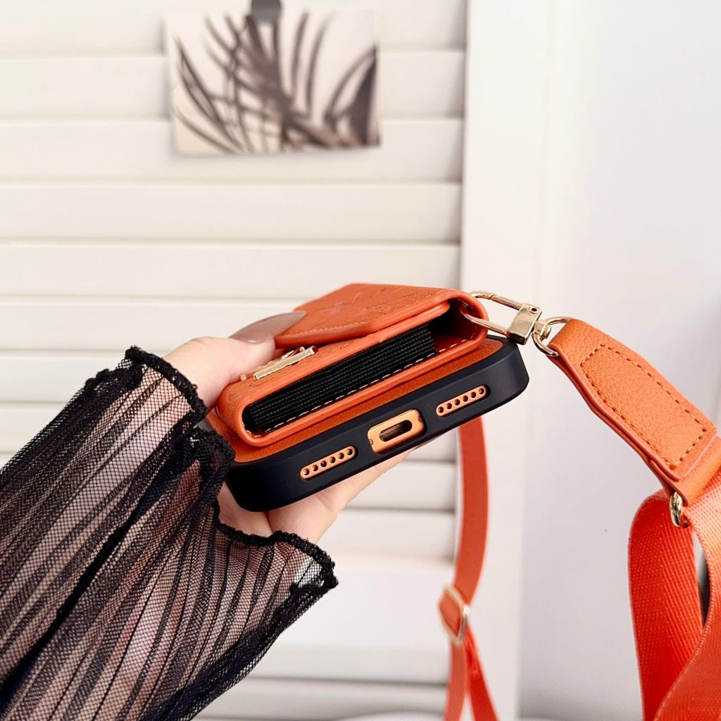Embossed Letter Phone Case with Card Pocket and Strap