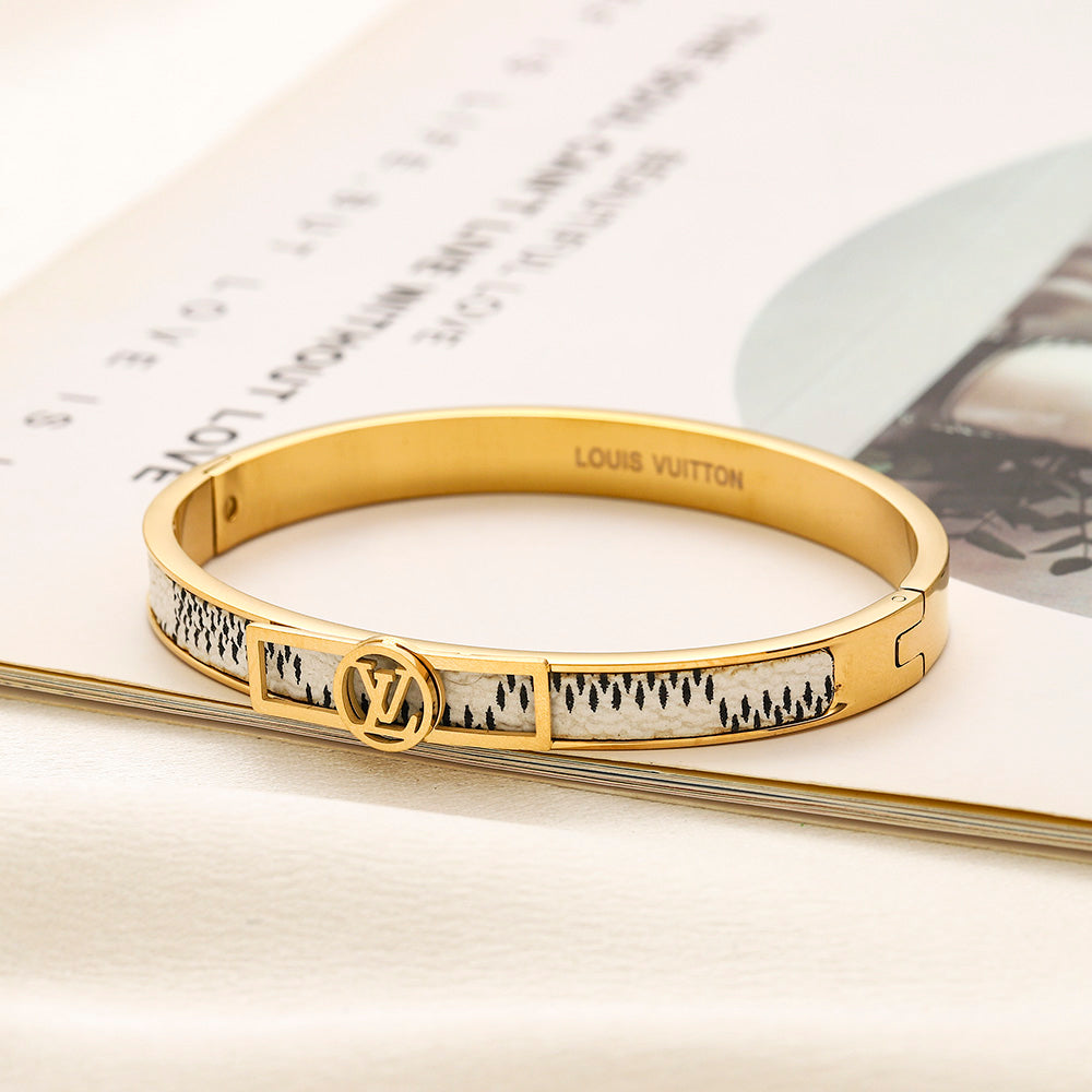 304 Stainless Steel Color-Inlay Round Monogram Bangle Bracelet