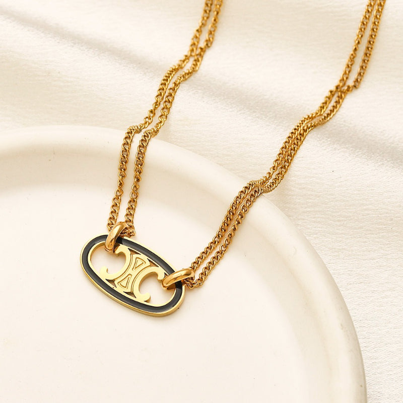 304 Stainless Steel Double Chain Oval Pendant Necklace