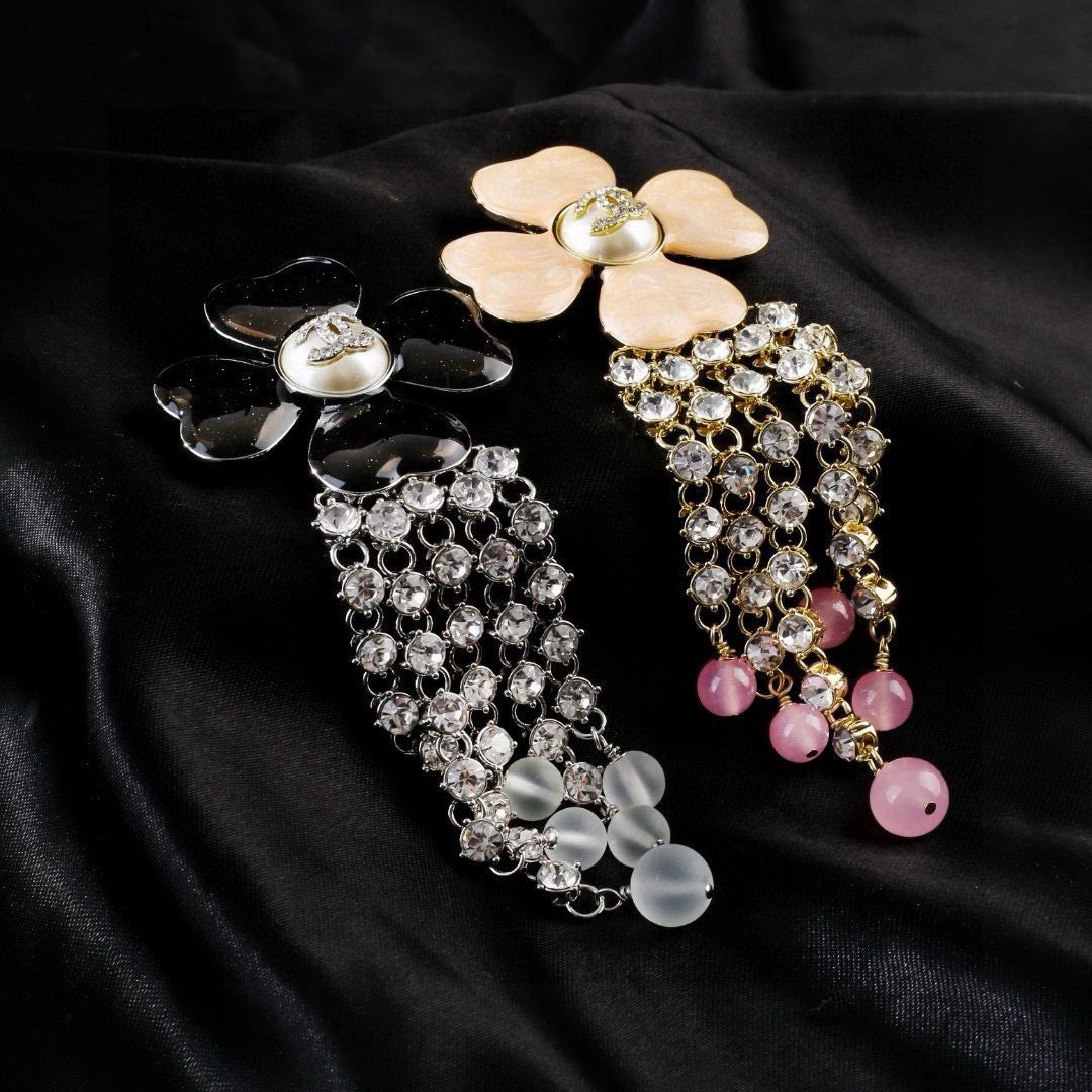 Flower Brooch with Stone Chain & Bead Drops