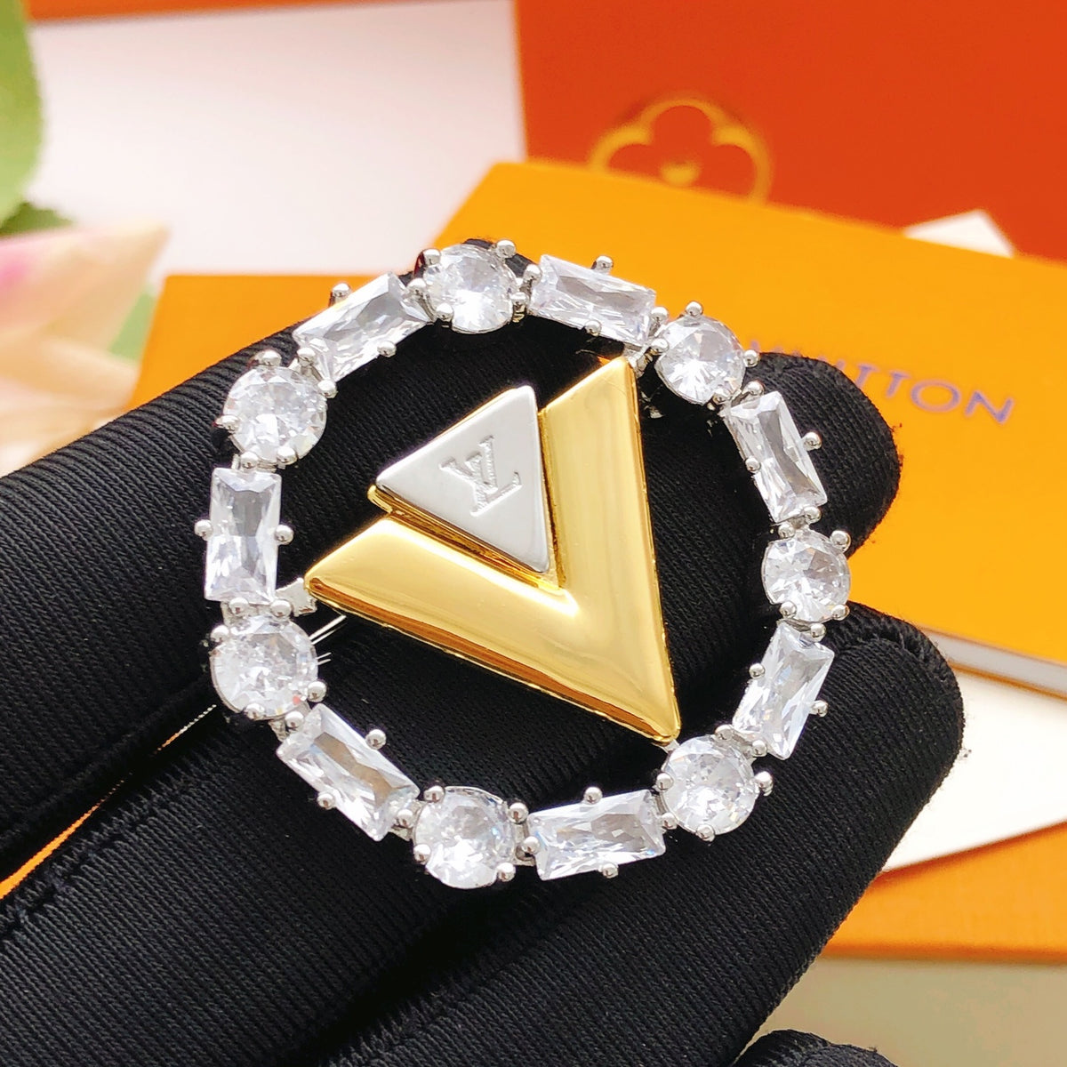 Round Stone Frame Letter Brooch