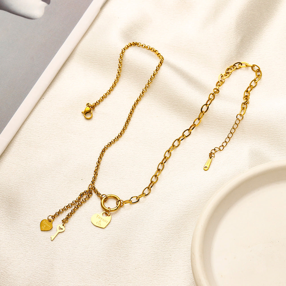 304 Stainless Steel Layered Toggle Necklace with Heart Drops