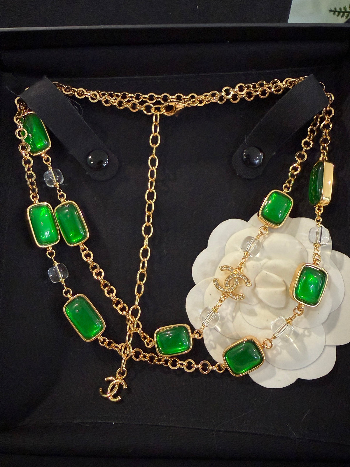 Vintage Gold Tone Emerald Square Glass Sweater Necklace, Square Candy Beads