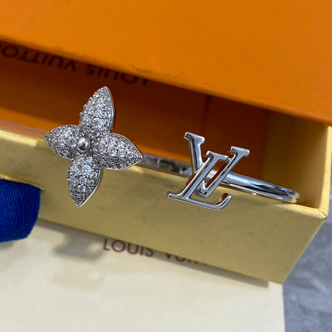 Pave Flower & Monogram Cuff Bracelet