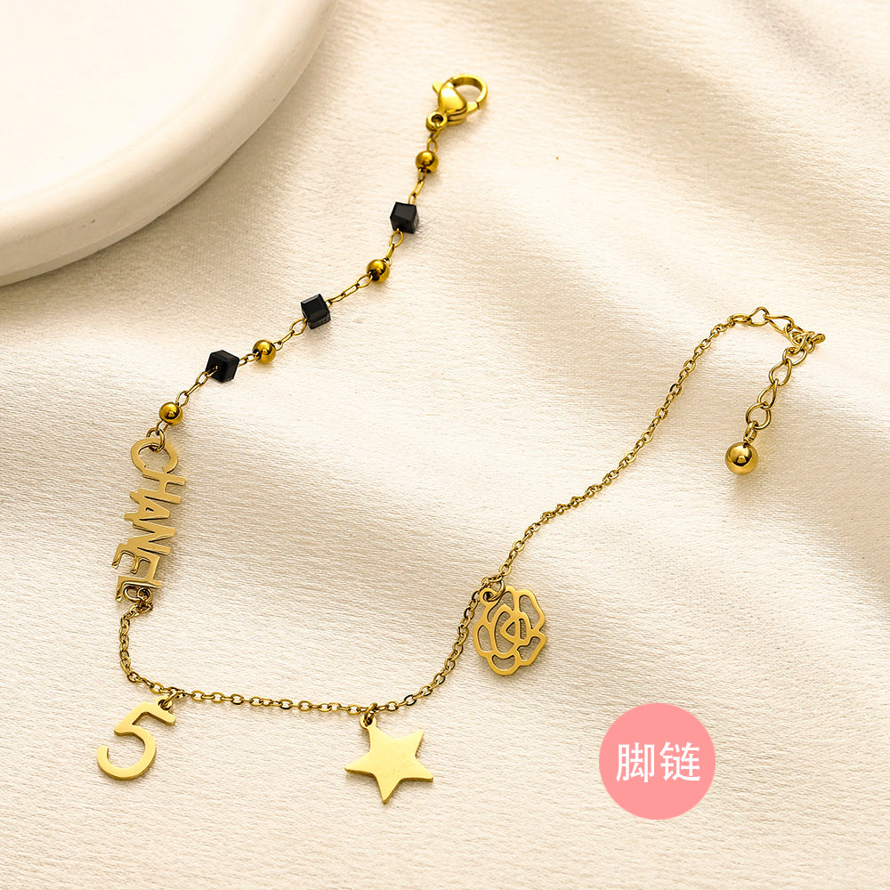 304 Stainless Steel Star & Letter Charm Anklet with Bead Accents